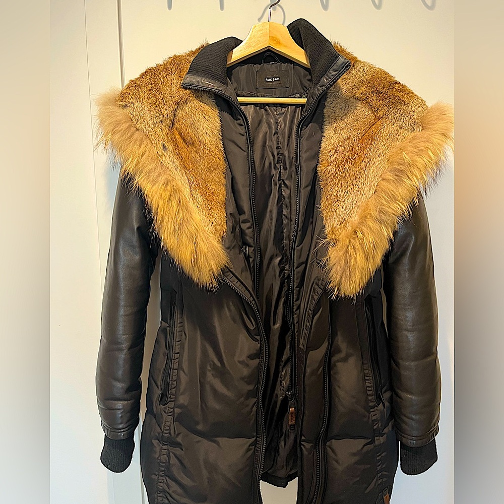 Medium black Rudsak leather puffer Jacket with fur hood.